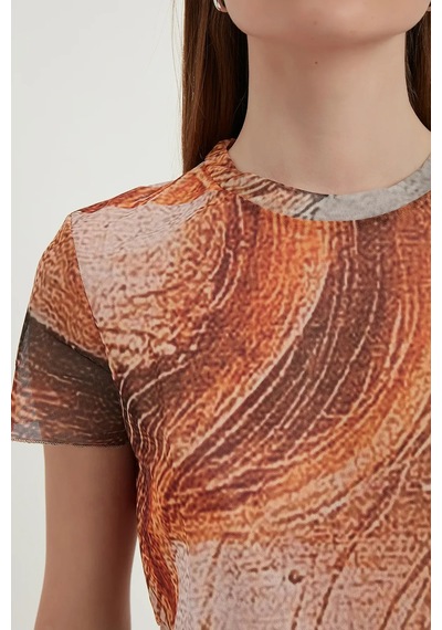 Hiccup Soyut Tül Crop Top Turuncu