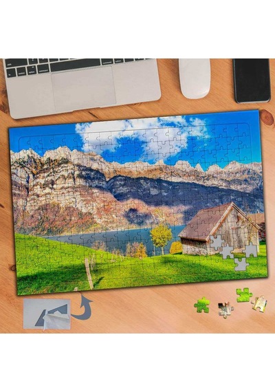 Göl Başında Ahşap Ev Dağ, Doğa 240 Parça Puzzle Yapboz Tablo-443