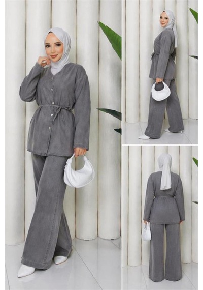 Neşeli Butik Kadın Gri Düğmeli Kuşak Detaylı İkili Kot Tesettür Takım Nbft010