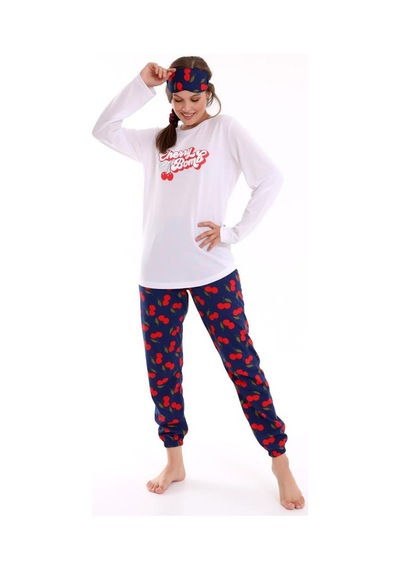 Calimera Kadın Pijama Takımı Uzun Kol Pamuklu Sıfır Yaka Beyaz - Lacivert