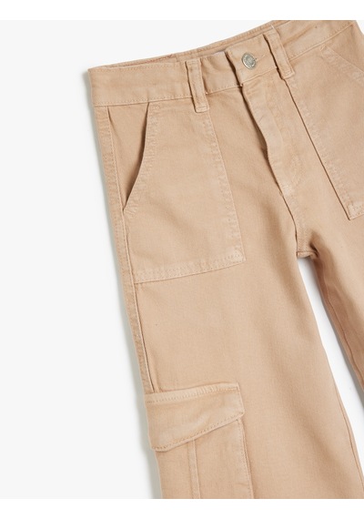 Koton Kargo Cepli Düğme Detaylı Pamuklu Denim Pantolon Bej 5skg40092ad Ekru