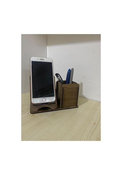İsme Özel Ahşap Kalemlikli Telefon Standı Masaüstü Düzenleyici Organizör Koyu Renk