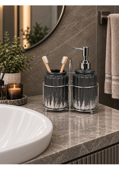 3 Parça Liva Banyo Seti - Siyah Gümüş-7607 Çok renkli