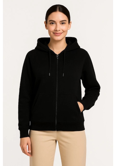 Novalisse Kadın 3 İplik Kapüşonlu Tam Fermuarlı Kanguru Cepli Sweatshirt Hoodie - Siyah Çoklu Renk