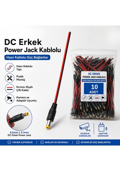 10 Adet Dc Erkek Power Jack Kablolu 5.5x2.1mm Cctv Güvenlik Kamera Adaptör Güç Bağlantı Kablosu
