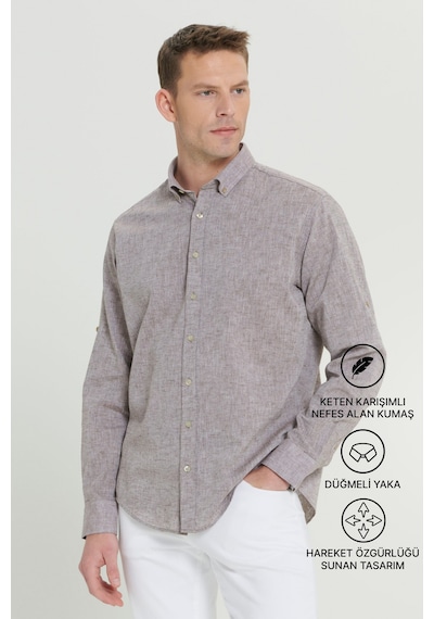 AC&Co / Altınyıldız Classics Erkek Kahverengi Comfort Fit Rahat Kesim Düğmeli Yaka Casual Keten Gömlek 4A2022200085KHVL Kahverengi
