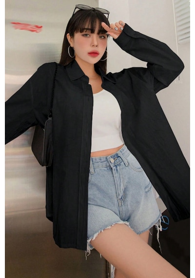 Tarz Cool Oversize Basic Uzun Kollu Gömlek Siyah