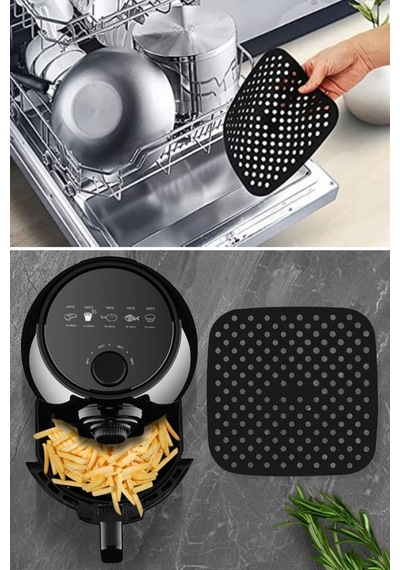 Buradabuldun Siyah Isıya Dayanıklı Yıkanılabilir Silikon Fırın Ve Airfryer Kare Model Pişirme Matı 21,5 Cm