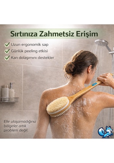 Sırt Ve Vücut Temizleme Fırçası - 2 Taraflı Sert & Yumuşak Lifli, Bambu Uzun Saplı 43cm ,