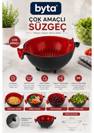 Çok Amaçlı Mutfak Süzgeci Sebze, Meyve, Makarna Yıkama Ve Süzme Kabı, Ergonomik Kulplu Bpa İçermeyen Diğer