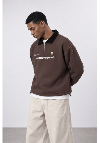 Respire Erkek Not For Everyone Nakışlı Polo Yaka Oversize Sweatshirt Kahve