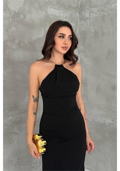 Neşeli Butik Kadın Siyah Sırt Dekolteli Metal Yaka Midi Elbise Nbk4543 Siyah