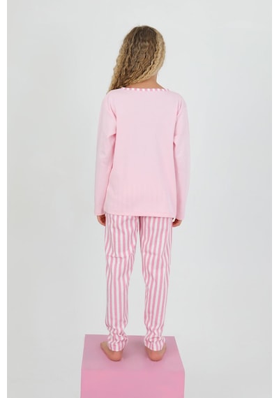 Kız Çocuk Uzun Kollu %100 Pamuklu Düğme Detaylı Pijama Takımı Alright Pembe