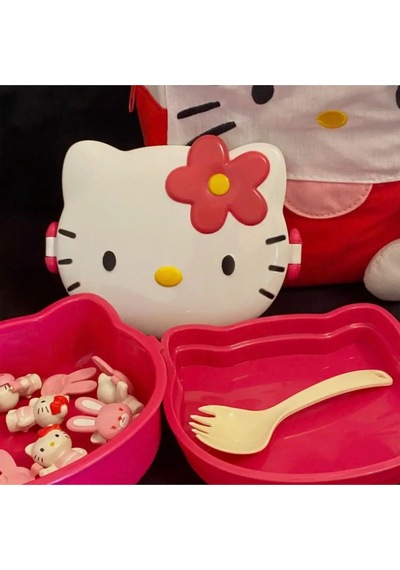 Kawaii 3d Hello Figür Kabartmalı 2 Katlı Çatal Ve Kaşıklı Kilitli Beslenme Çantası Kutusu