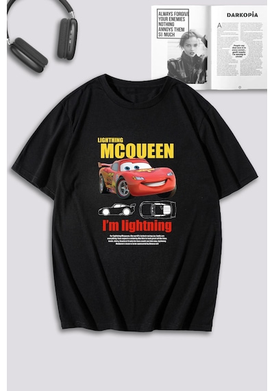 Unisex Kadın Erkek Şimşek Mcqueen Ve Sally Baskılı Özel Tasarım Oversize T-shirt Siyah Mck0504 Siyah