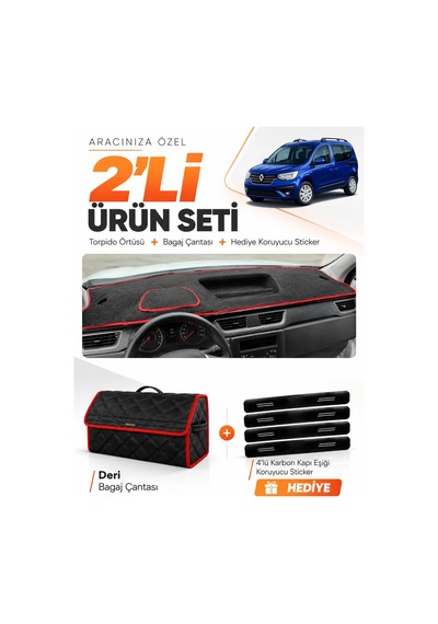 E-biz Renault Express Tam Kapalı 2021-2024 Uyumlu Torpido + Deri Çanta - Siyah-kırmızı - Re021