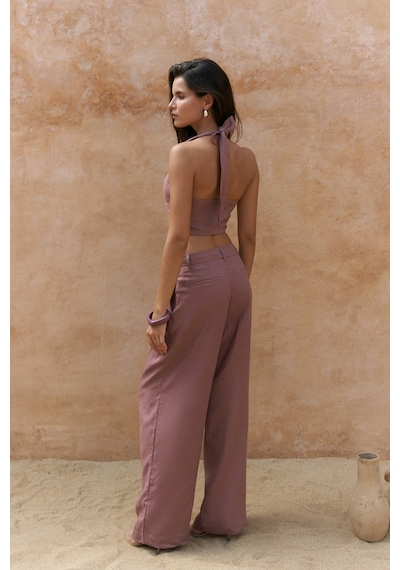 Mai Collection Mai Studios Co. Lvdovila Açık Bordo Keten Crop Yelek Pantolon Takım Acık Bordo