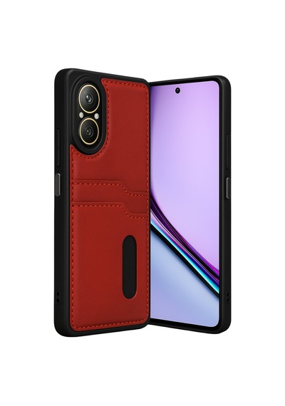 Realme 12 Lite Uyumlu Deri Kartvizitli Kartlıklı Premium Telefon Kılıfı Kapak Kırmızı