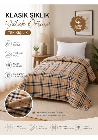 %100 Pamuk Tek Kişilik Yatak Örtüsü 170x240 Cm Klasik Ekose Desenli Şık Ve Yumuşak Bej