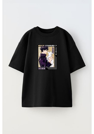 Thewert Unisex Megumi Fushigoro Dog Tasarım Baskılı Pamuk Sıyah Oversize T-shirt Siyah