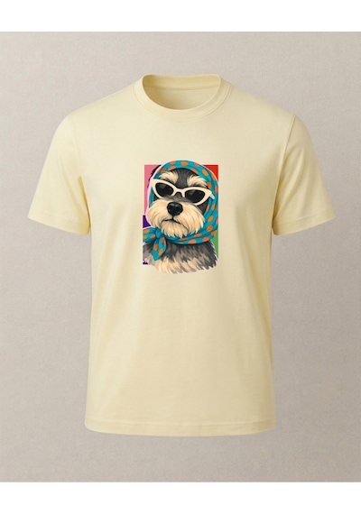Başörtülü Gözlükü Renkli Köpke Baskılı T-shirt Sarı
