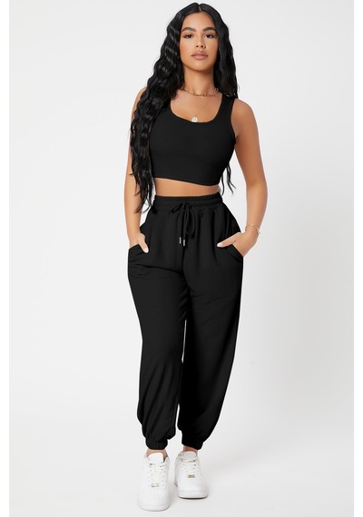 Moda Dua Kadın Siyah Kaşkorse Cepli Jogger Eşofman Altı Ve Crop Top Bluz