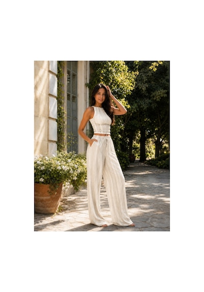 Unika Boutique Crop Pantolon Takım Kadın Şık Yazlık Fitilli Bej