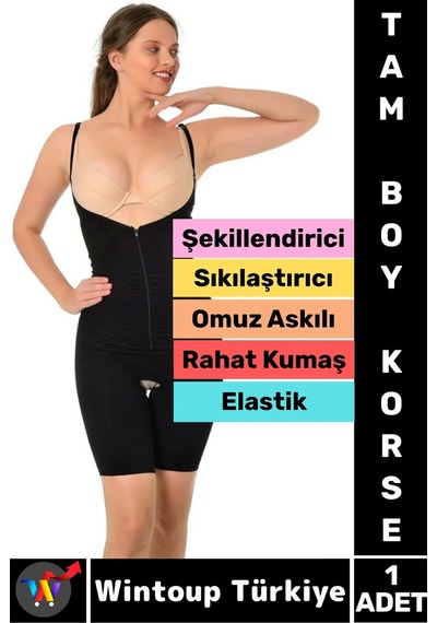 Wintoup Özel Model Karın Bel Toparlayan Sıkılaştıran Çıkarılabilir Askılı Fermuarlı Ağraflı Tam Boy Korse Siyah