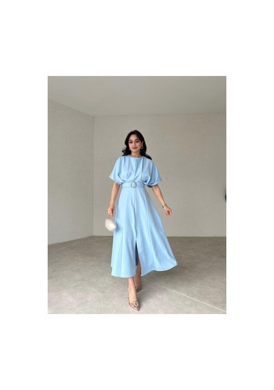Afiş Butik Kemer Detaylı Yırtmaçlı Piliseli Midi Elbise Bebe Mavisi Bebe Mavisi