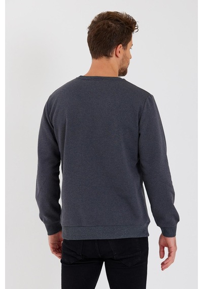 MMetalic Bisiklet Yaka Etiket Detayı İçi Pamuklu Erkek Sweatshirt Antrasit