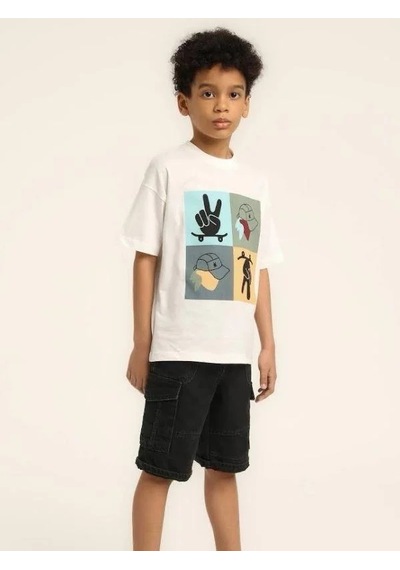 Escabel Erkek Çocuk Şapka Desenli Tasarım Pamuklu T-shirt-15627 Beyaz