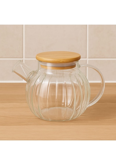 Dekorasyaa Isıya Dayanıklı Süzgeçli Cam Bambu Demlik 1000ml Cam