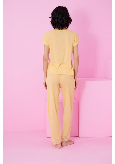 Siyah İnci Soft Touch İnce Mevsimlik Dantel Detaylı Örme Pijama Takım7864 sari
