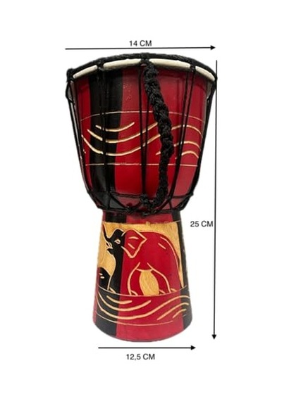 Ahşap Djembe, 25 Cm, Mahoni Ağacı Ve Keçi Derisi, Otantik El Yapımı Bali Davul, Fil Figürlü,