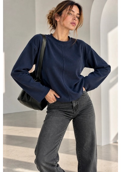 Bb Butik Basic Ön Dikiş Detaylı Basic Sweatshirt Günlük Rahat Kesim My3535 Lacivert