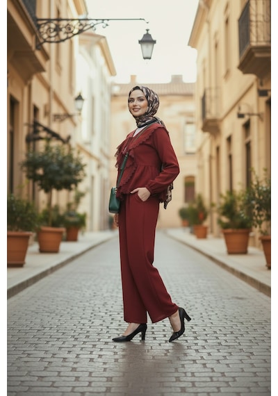 Stilkusagi Kadın Bordo Önü Bağlamalı Çilek Kumaş İkili Takım Pantolon