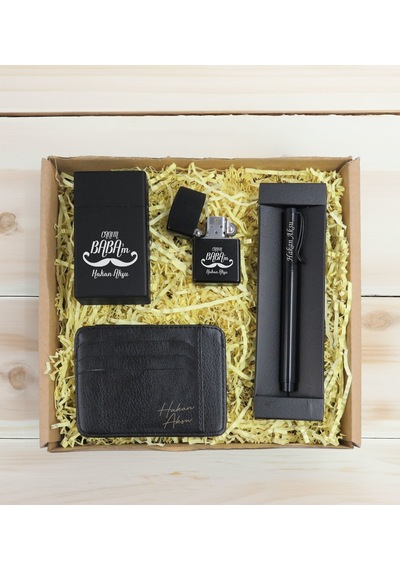 Bk Gift Kişiye Özel İsimli Baba Temalı Siyah Metal Kalem&çakmak&sigara Kutusu&kartlık-cüzdan Hediye Seti, Sevgiliye Hediye-2, Babaya Hediye, Babalar G