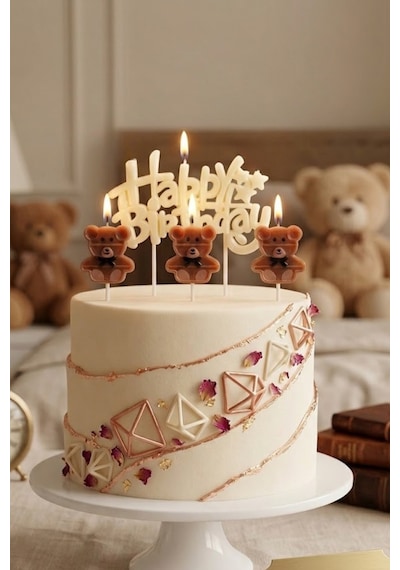 Ayıcık Mum Seti Happy Birthday Yazılı Pasta Üstü Sevimli Doğum Günü Süsü Parti Dekor Seti
