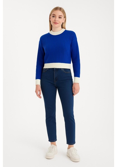 Hira Life Fashion Kadın Bisiklet Yaka Fitili Ve Şerit Detaylı Crop Triko Kısa Kazak Mavi Mavi Hira Life Fashion Kadın Bisiklet Yaka Fitili Ve Şerit Detaylı Crop Triko Kısa Kazak Mavi Mavi