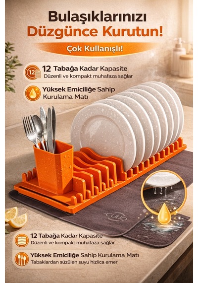 Tabak & Çatal- Kaşık Düzenleyici Dayanıklı Plastik Mutfak Gereci Turuncu