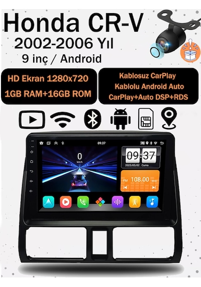 Honda Cr-v 2002-2006 Android Multimedya Ekran 1gb Ram 16gb Hafıza Carplay Android Auto Geri Görüş Kamerası Hediyeli 9"