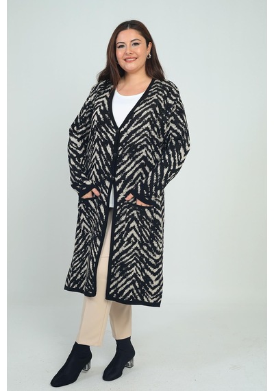 By Saygı Kadın Zebra Desenli Cepli Büyük Beden Triko Uzun Hırka-41902 Siyah-taş