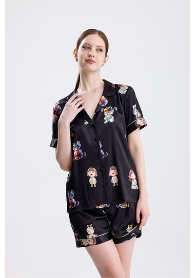 Kadın Kısa Kollu Şortlu Pijama Takımı Kız Bebek Desenli Yazlık Rahat Takım Çok Renkli