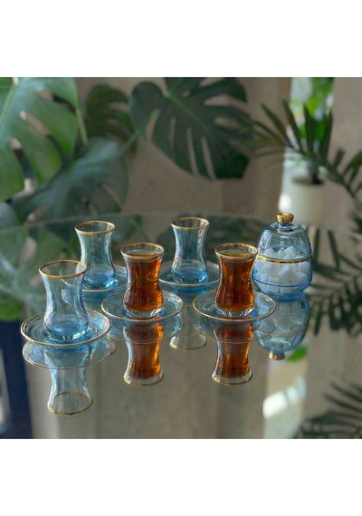 Alfafe Home 13 Parça Mavi Lüster Altın Yaldızlı Cam Çay Seti 6 Kişilik Çay Takımı Şekerlik Hediyeli Mavi