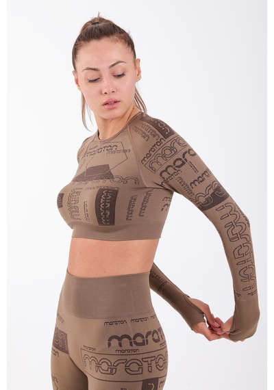 Maraton Active Slimfit Kadın Bisiklet Yaka Uzun Kol Koşu Kakao Crop Top 816025 Kahverengi