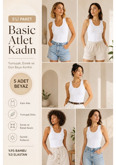 Loule Kadın 5'li Kalın Askılı Atlet Beyaz Bambu