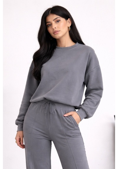 Balenbi Oversize Bisiklet Yaka Basic Modal Kadın Takım 1206 - Form Serisi Gri