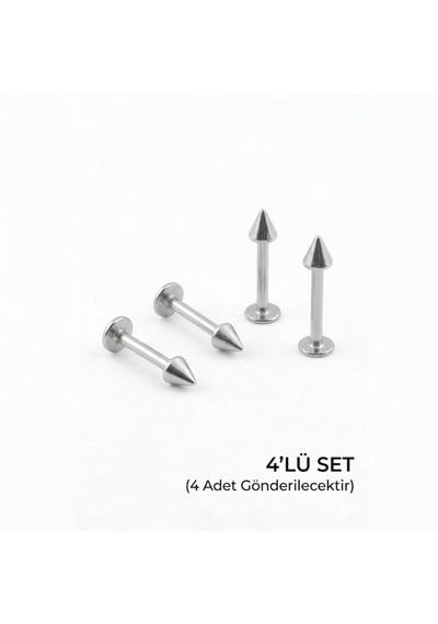 4'lü Kararmaz Çelik Koni Uçlu Labret Piercing Seti Tragus Helix Dudak Burun Conch Kıkırdak Küpesi Gümüş