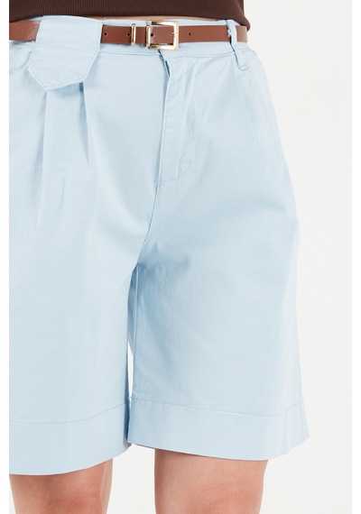 Lela Pamuklu Loose Fit Pileli Kemerli Bermuda Şort Bayan Şort 668yp5439 Mavi