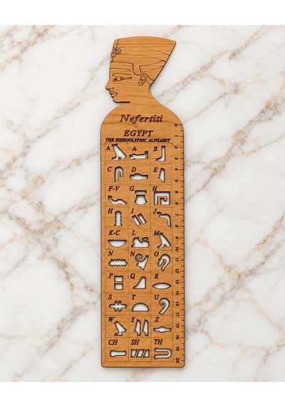 Antik Mısır Hiyeroglif Harf Oymalı Cetvel Kitap Ayracı - Açık Doğal Ahşap Nefertiti Krem Rengi